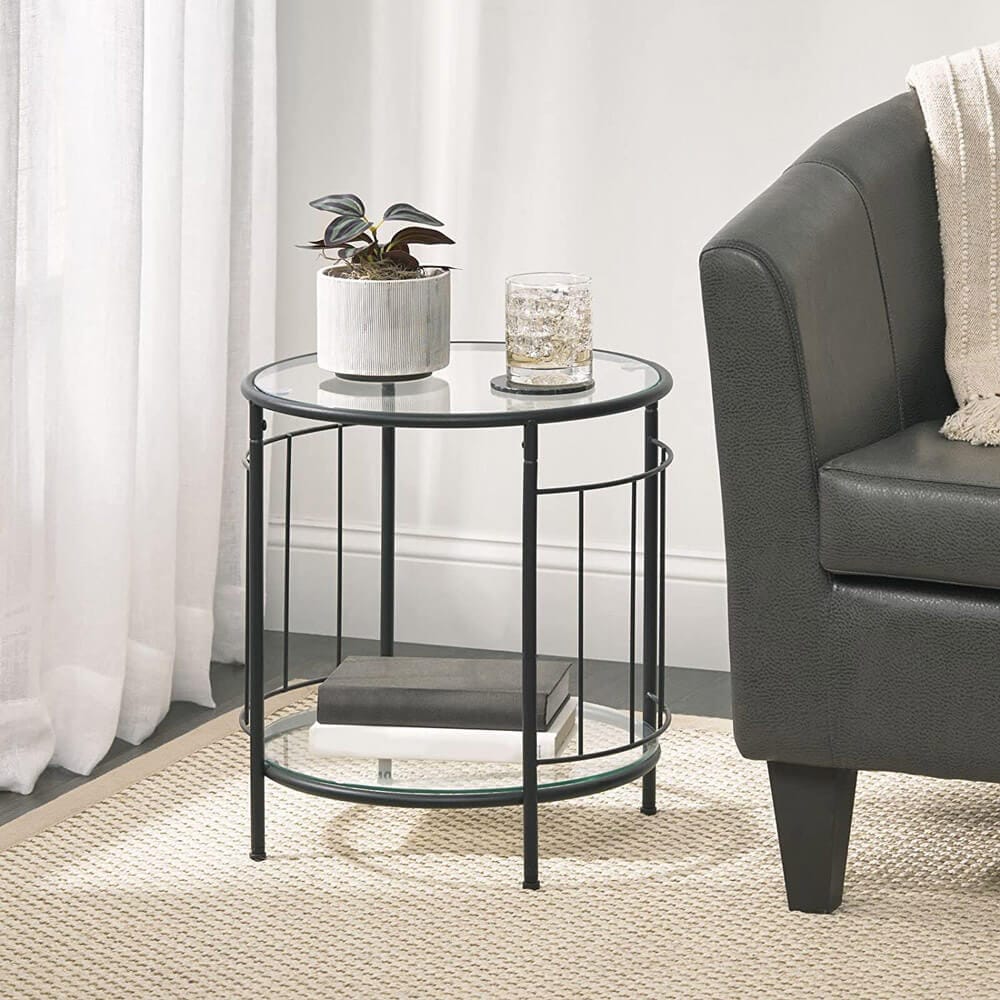 mDesign Glass Top Round Side Table with Shelf, Matte Black