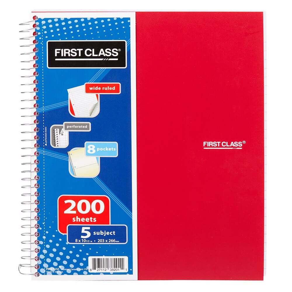 First Class Wide Ruled 5-Subject Spiral Notebook, 200 Sheets