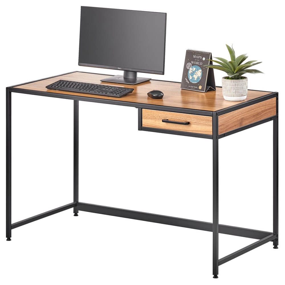 mDesign Metal & Wood Home Office Desk with Right-Hand Drawer, Black/Nordic Walnut