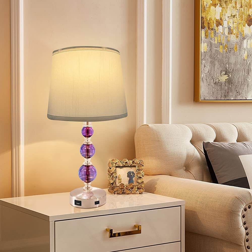 Retro Crystal Table Lamp with USB Ports and 3-Way Dimmable Touch Control, Purple, Set of 2