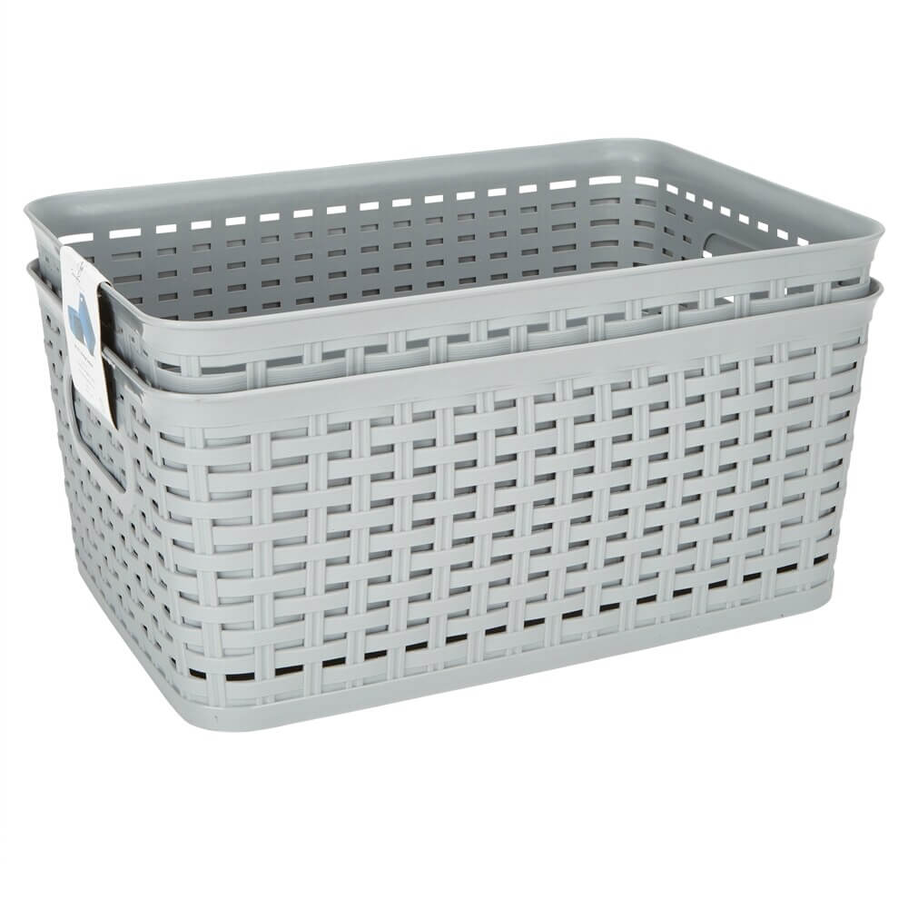 Large Plastic Gray Storage Baskets with Handles, 2-Count