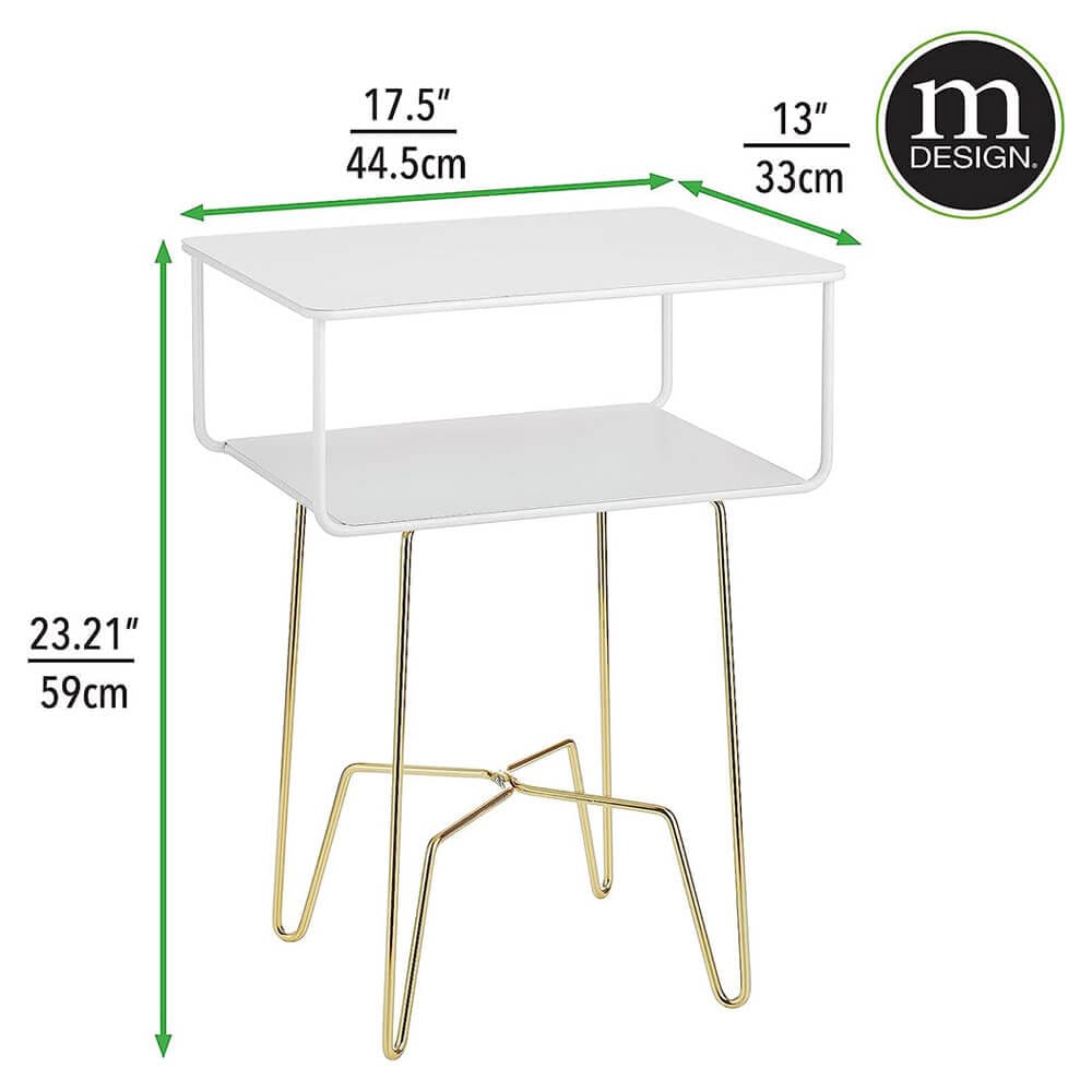 mDesign Modern Industrial Side Table with Storage Shelf, Matte White/Soft Brass