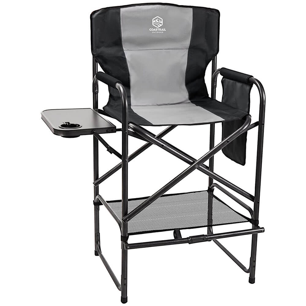 Coastrail Outdoor Foldable Tall Director's Chair with Side Table, Storage Bag & Footrest, Black/Gray