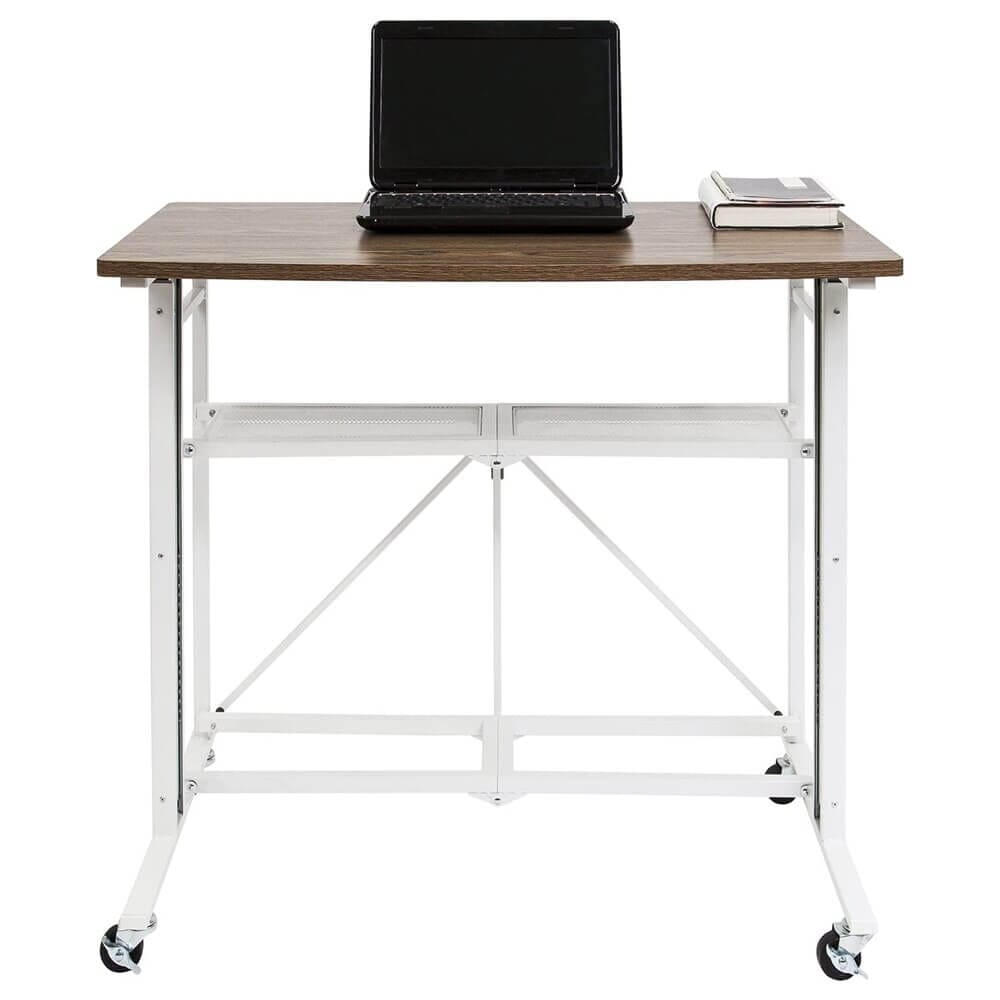 Origami Folding Stand Up Desk with Rolling Wheels, White