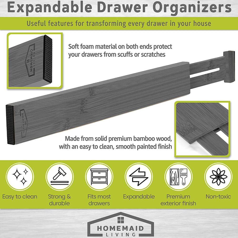 Homemaid Living 100% Bamboo Drawer Dividers, Set of 4, Gray