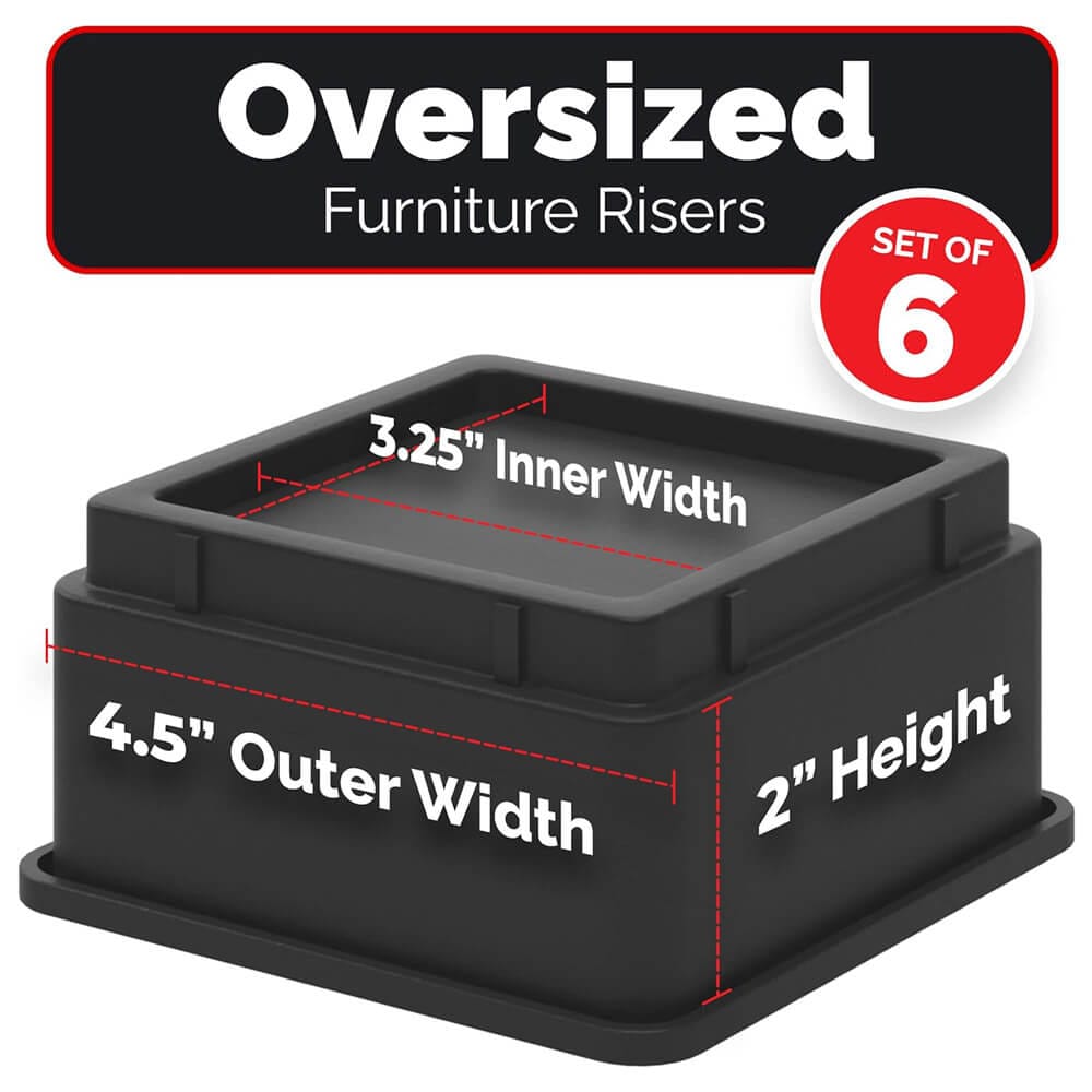 iPrimio 2-Inch Lift Square Bed Risers, Set of 6, Black