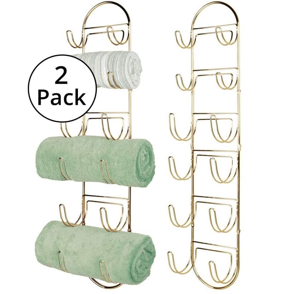 mDesign Wall-Mounted Towel Rack with 6 Compartments, Set of 2, Soft Brass
