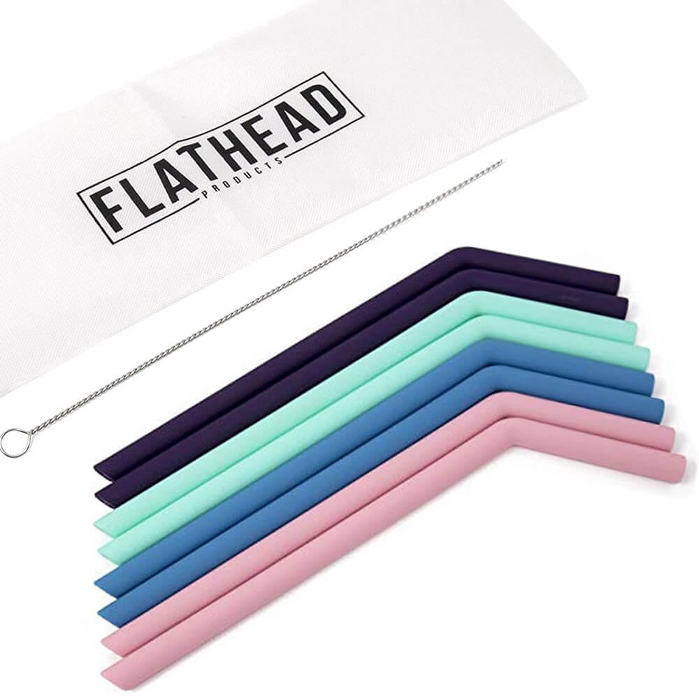 Flathead 8 Reusable Silicone Smoothie Straws with Cleaning Brush