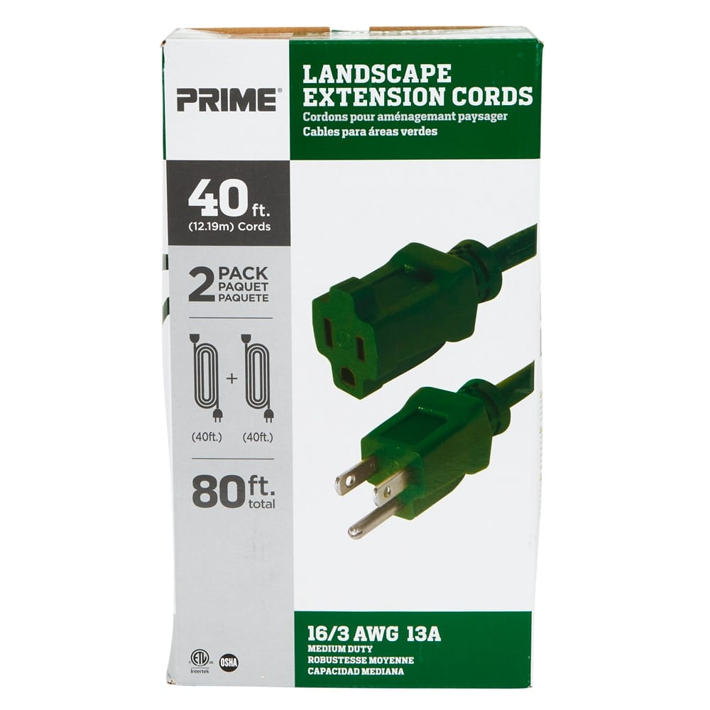 Prime 40 16/3 Medium Duty Landscape Extension Cord, Green, 2-pk