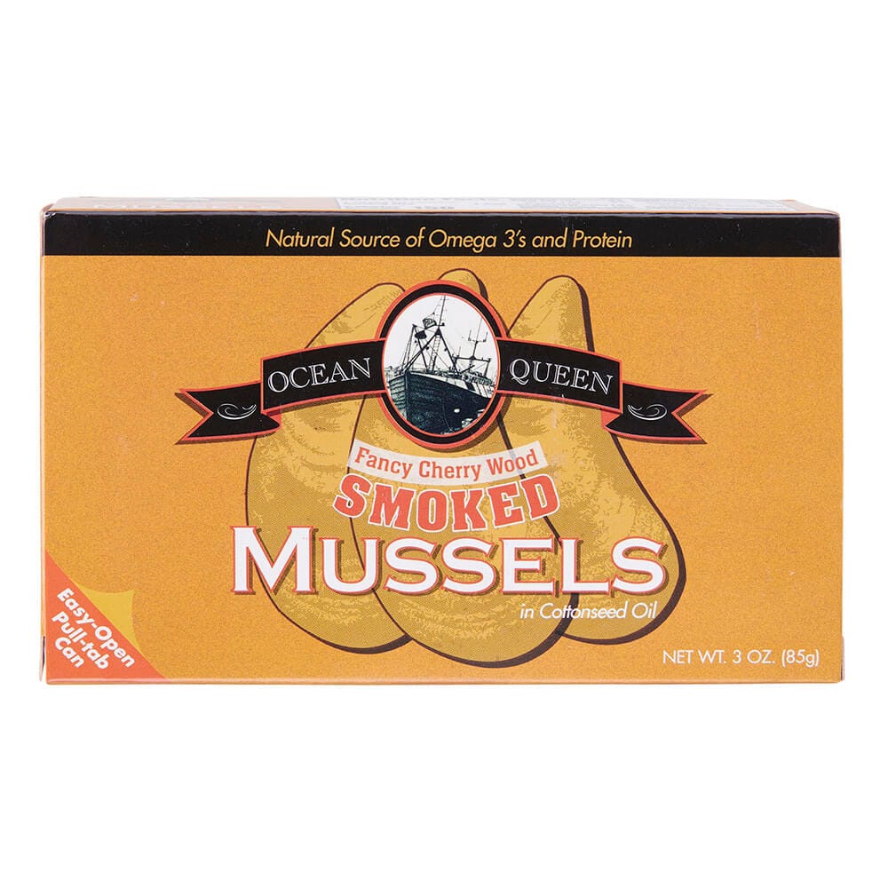 Ocean Queen Fancy Cherry Wood Smoked Mussels in Cottonseed Oil, 3 oz
