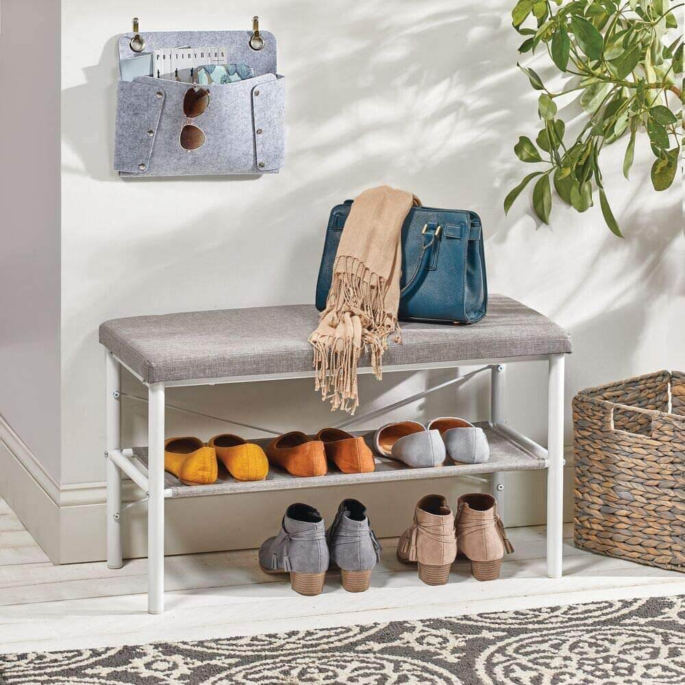 mDesign Entryway Bench with Shoe Shelf, White/Light Gray