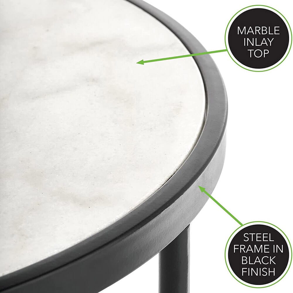 mDesign Round Inlay Table with Decorative Legs, Matte Black/Marble