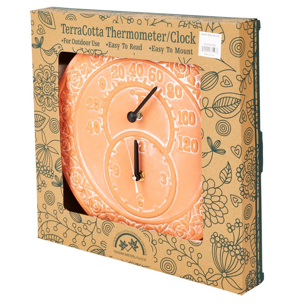 TerraCotta Thermometer and Clock, 12"