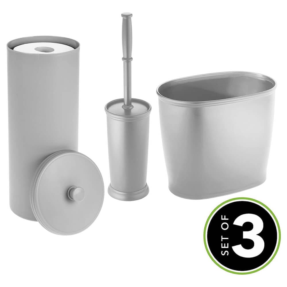 mDesign Plastic Bathroom Storage & Cleaning Accessory Set with Bowl Brush, 3-Roll Canister with Lid & Waste Basket, Gray