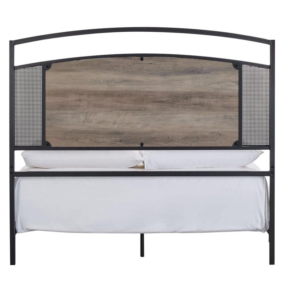 Industrial Mesh Queen Bed Frame, Gray Wash Panel