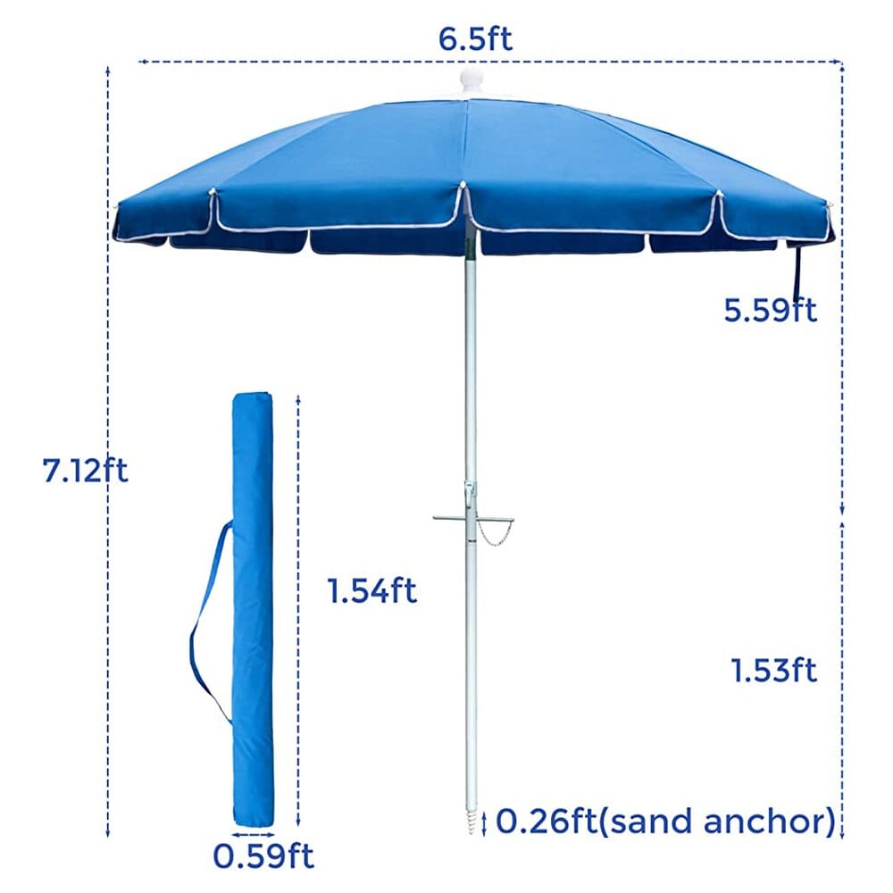 6.5' Beach Umbrella with Sand Anchor, Tilt Pole & Push-Button Close, Sky Blue