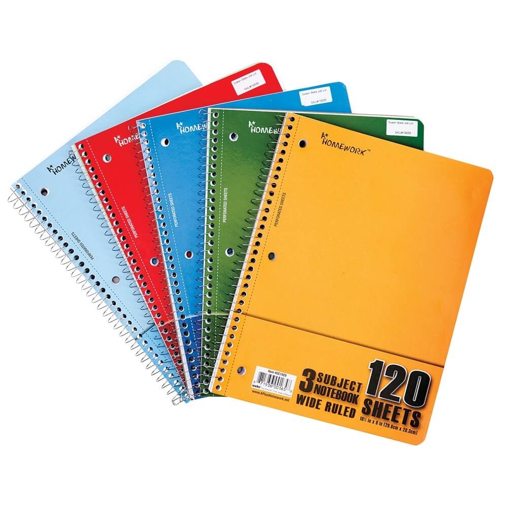 3 Subject College Ruled Spiral Notebook, 120 Sheets