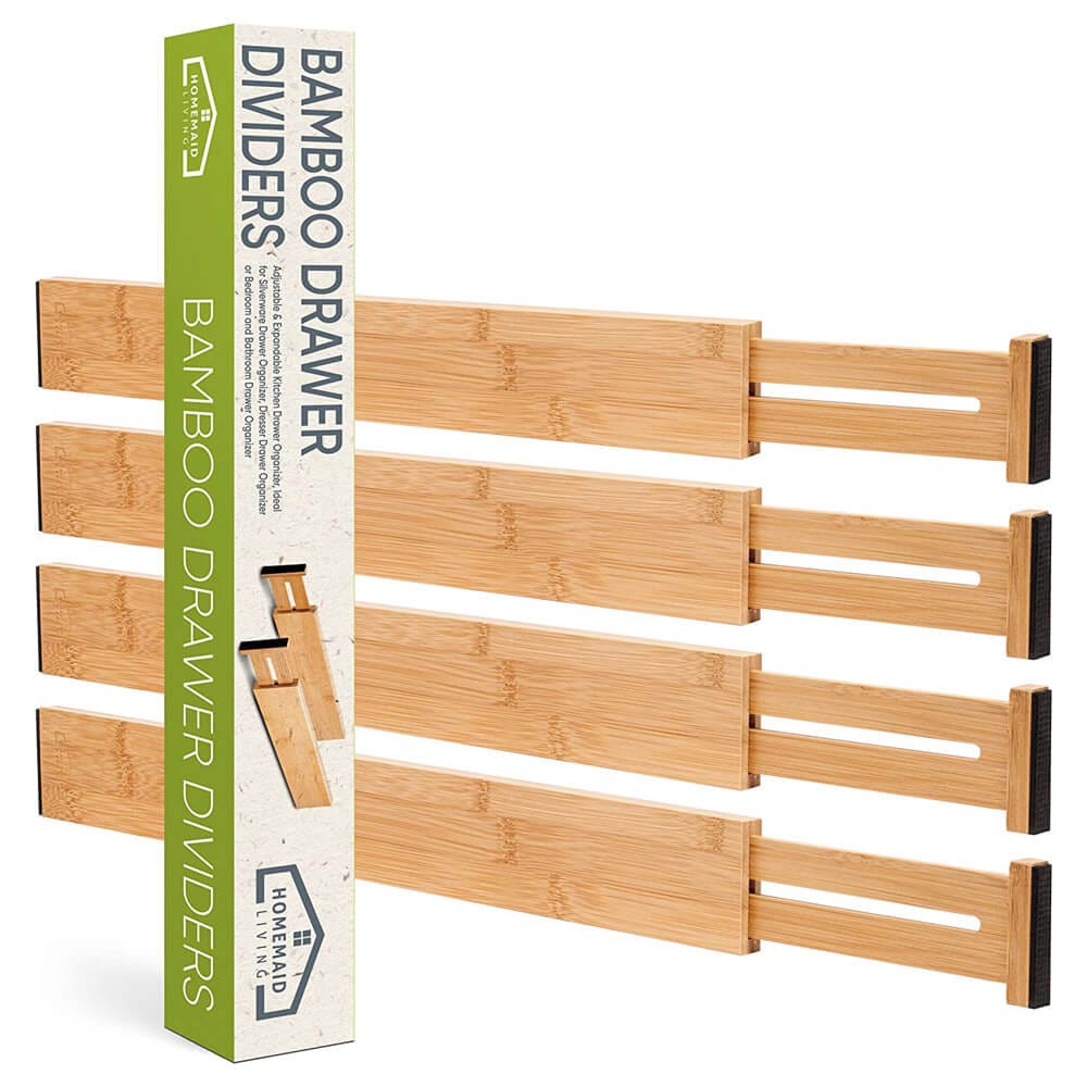 Homemaid Living 100% Bamboo Drawer Dividers, Set of 4, Natural