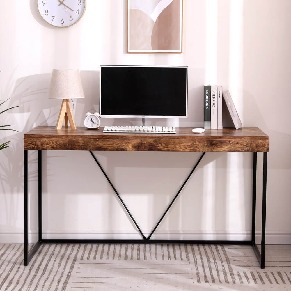 55" Modern Desk with Wooden Top, Rustic Brown/Black