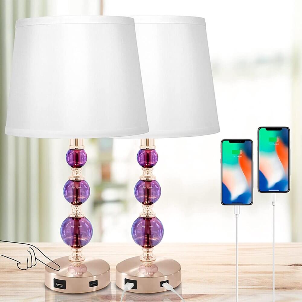 Retro Crystal Table Lamp with USB Ports and 3-Way Dimmable Touch Control, Purple, Set of 2