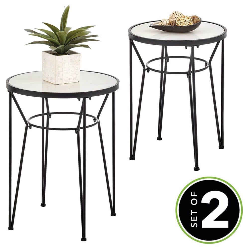 mDesign Round Metal Accent Table with Hairpin Legs, Set of 2, Matte Black