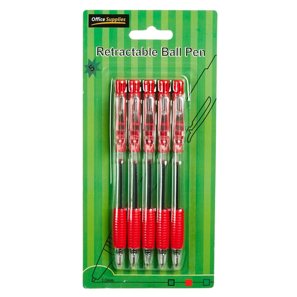 Office Supplies Red Retractable Ball Pens, 5 Count
