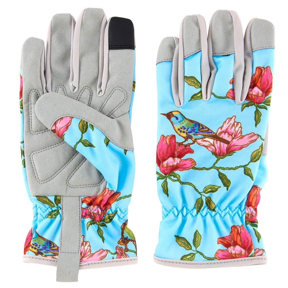 Garden Grove Women's Cushioned Palm Synthetic Leather Blue Bird Floral Garden Glove