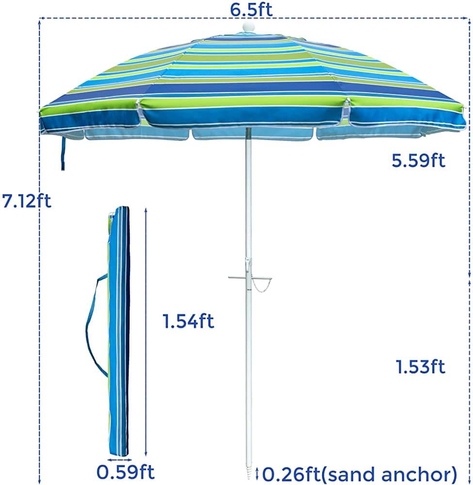 6.5' Beach Umbrella with Sand Anchor, Tilt Pole & Push-Button Close, Green Stripe