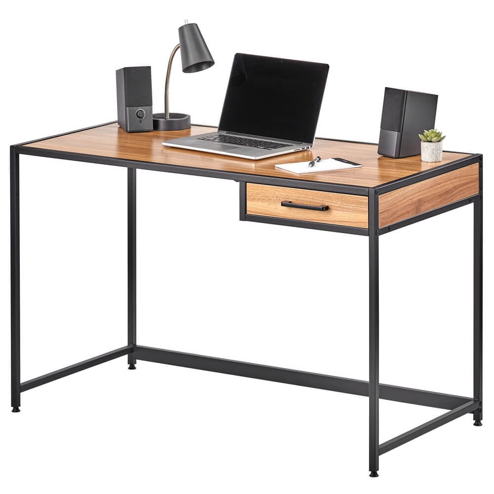 mDesign Metal & Wood Home Office Desk with Right-Hand Drawer, Black/Nordic Walnut