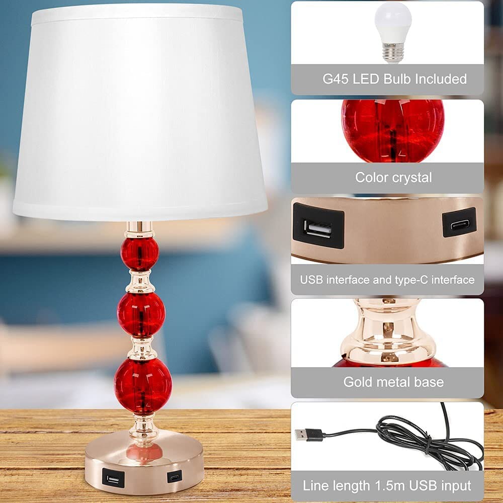 Retro Crystal Table Lamp with USB Ports and 3-Way Dimmable Touch Control, Set of 2, Red