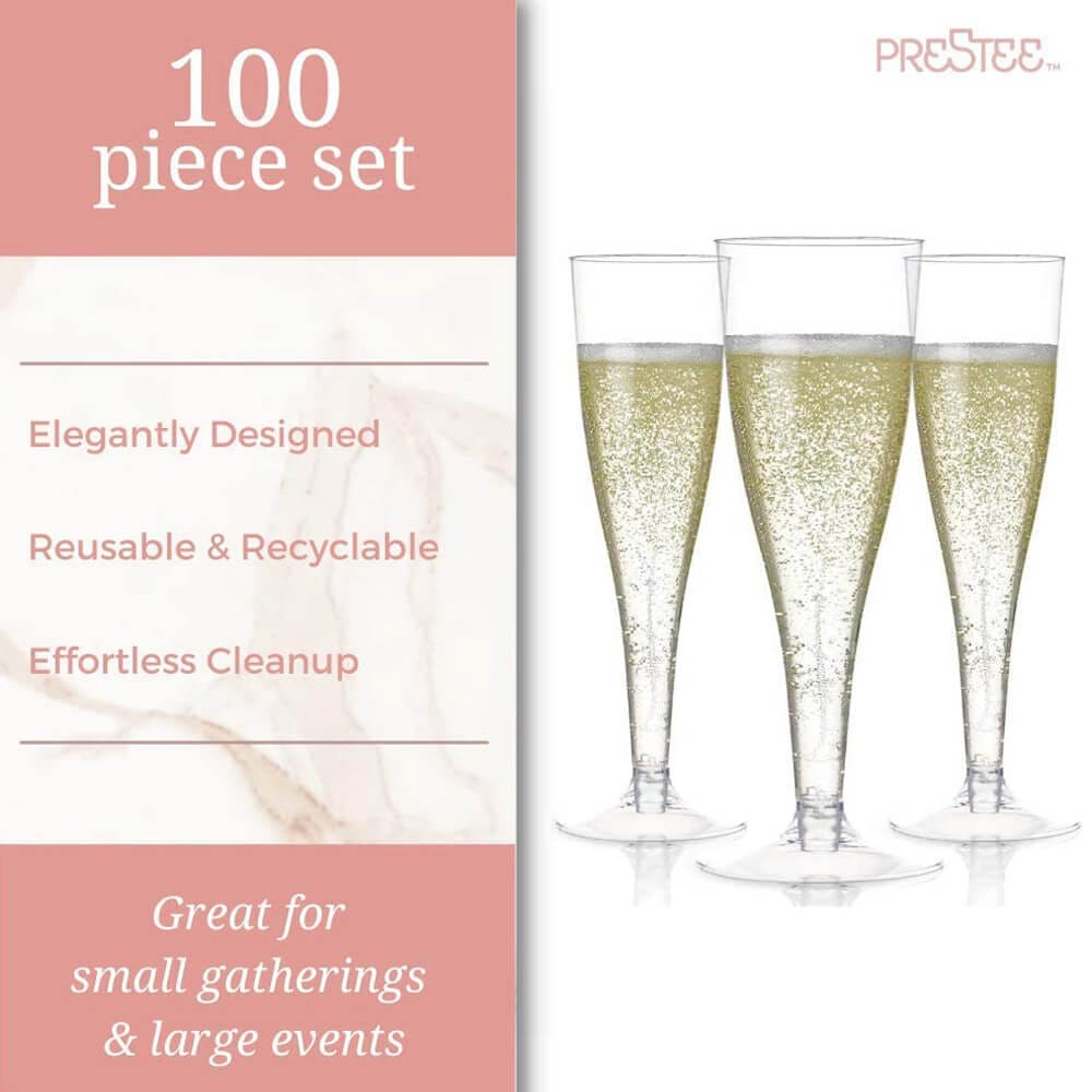 Prestee 100-Piece Plastic Champagne Flutes, Clear