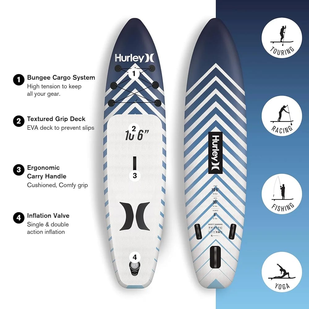 Hurley One & Only 10'6" Inflatable Stand Up Paddle Board Kit, Signal Blue/White
