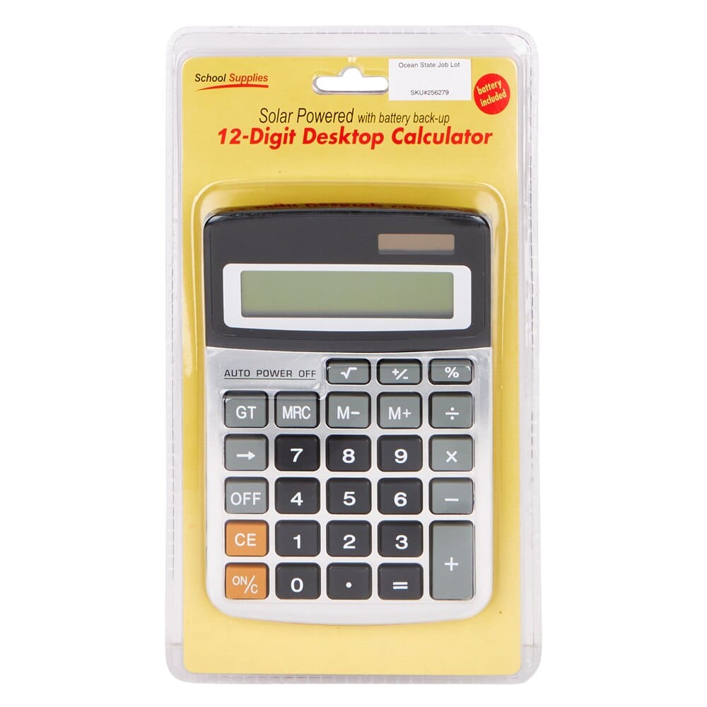 School Supplies Solar Powered 12-Digit Desktop Calculator with Battery Back-Up