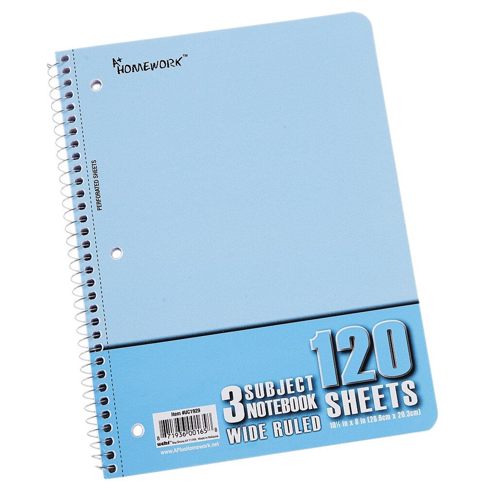 3 Subject Wide Ruled Spiral Notebook, 120 Sheets