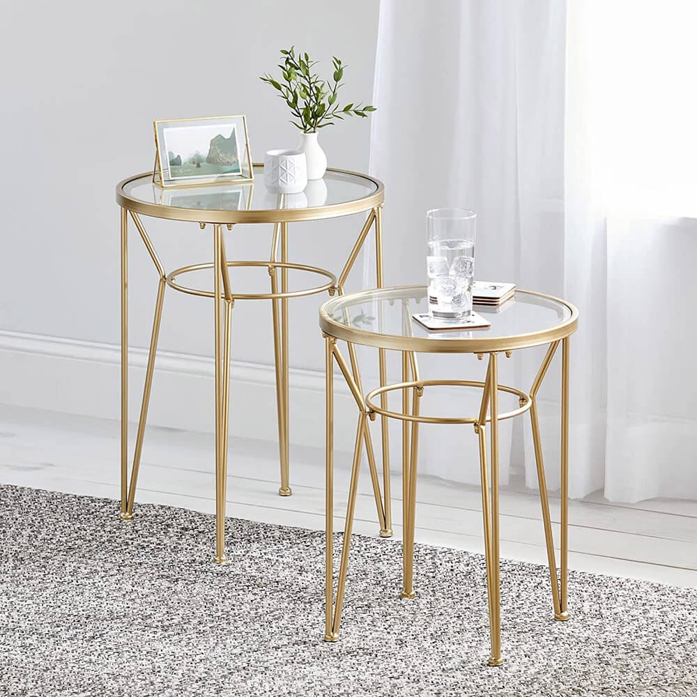 mDesign Round Metal Accent Table with Hairpin Legs, Set of 2, Soft Brass/Clear