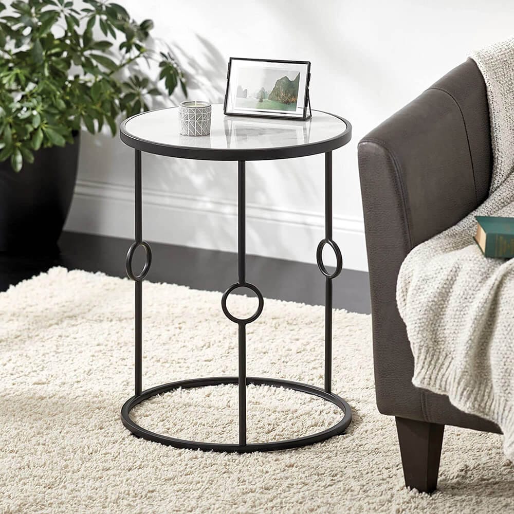 mDesign Round Inlay Table with Decorative Legs, Matte Black/Marble