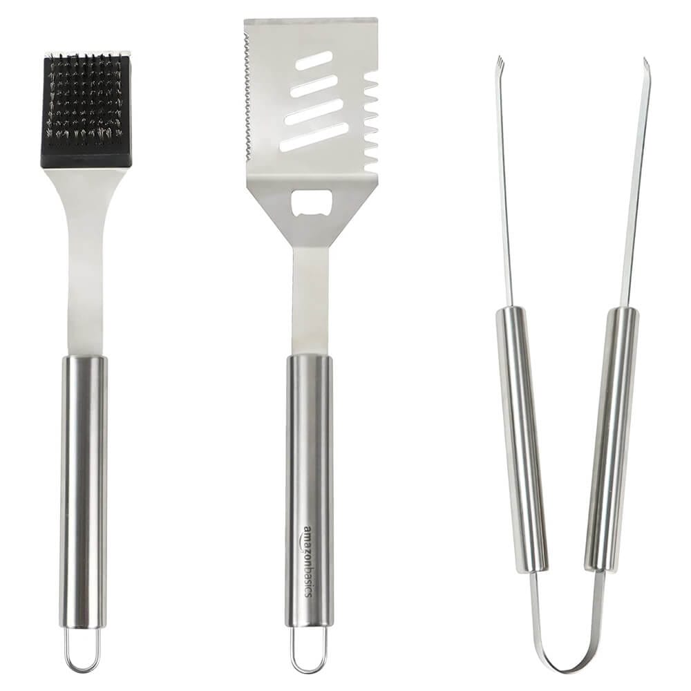 3-Piece Stainless Steel BBQ Tool Set with Spatula, Tongs & Brush