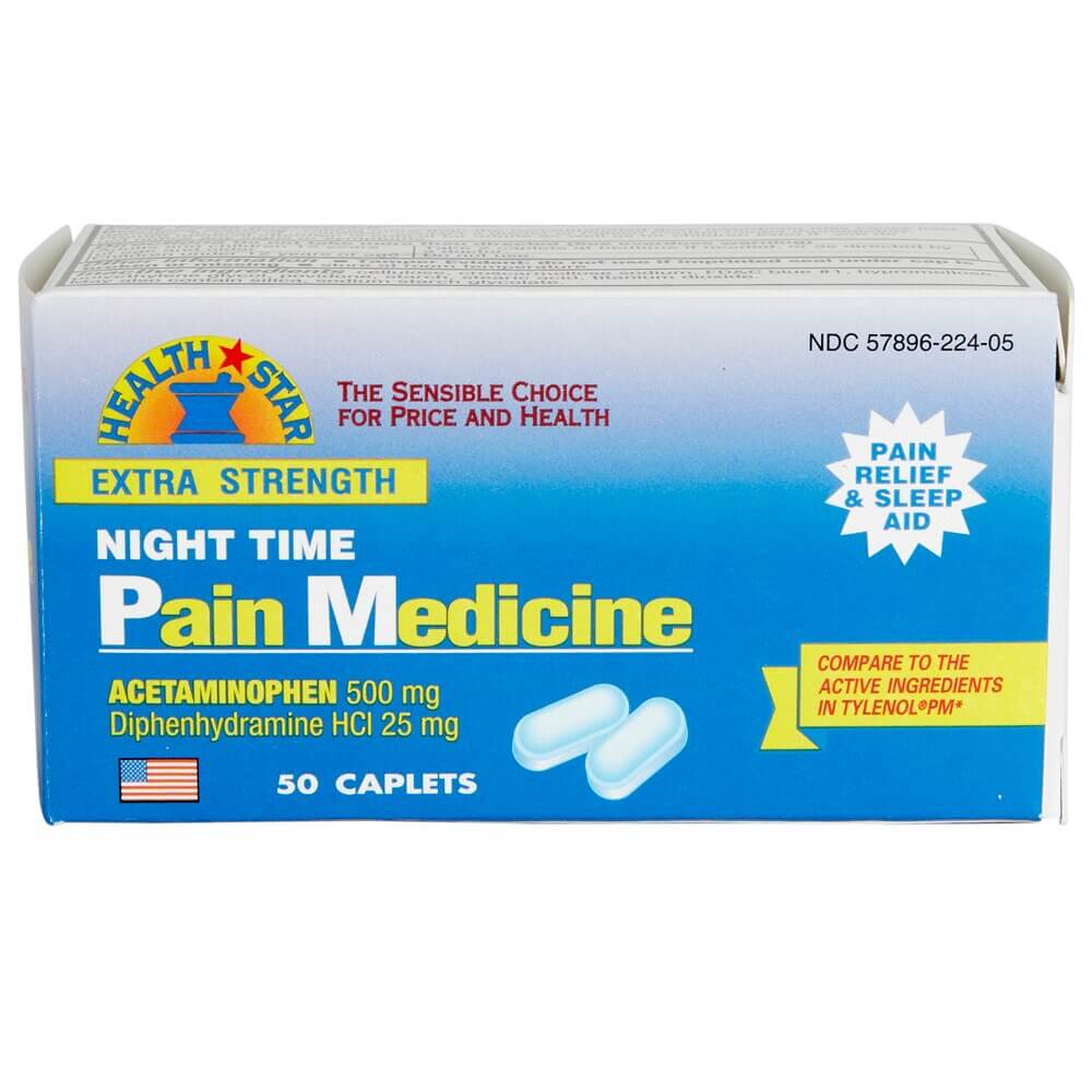 Health Star Night Time Extra Strength 500 mg Acetaminophen Pain Reliever Caplets, 50 Caplets