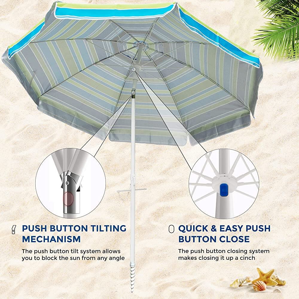 6.5' Beach Umbrella with Sand Anchor, Tilt Pole & Push-Button Close, Green Stripe