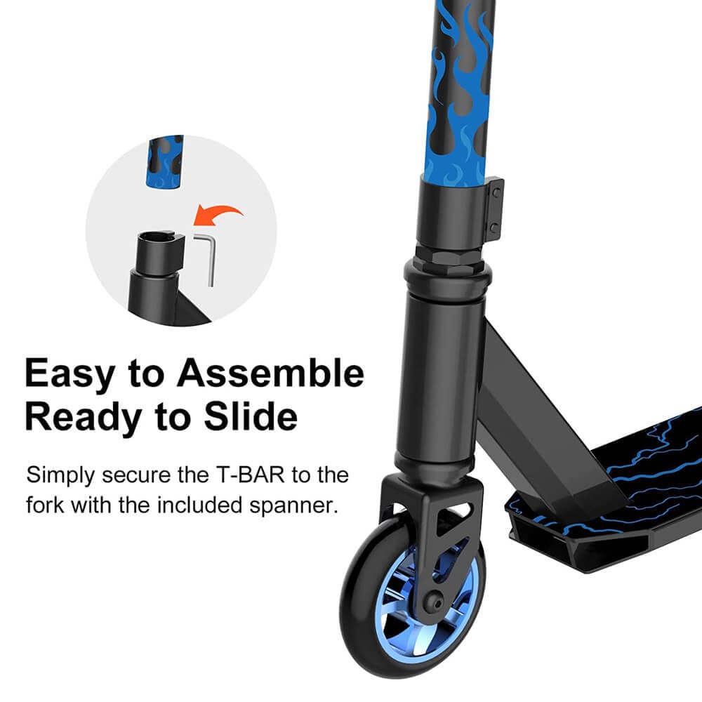 RideVOLO Pro Stunt Scooter with Ultra Wide Aluminum Deck, Blue/Black