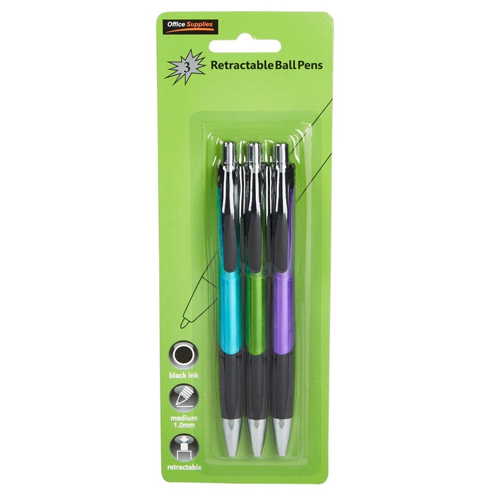 Office Supplies Retractable Ball Pens, 3-Count