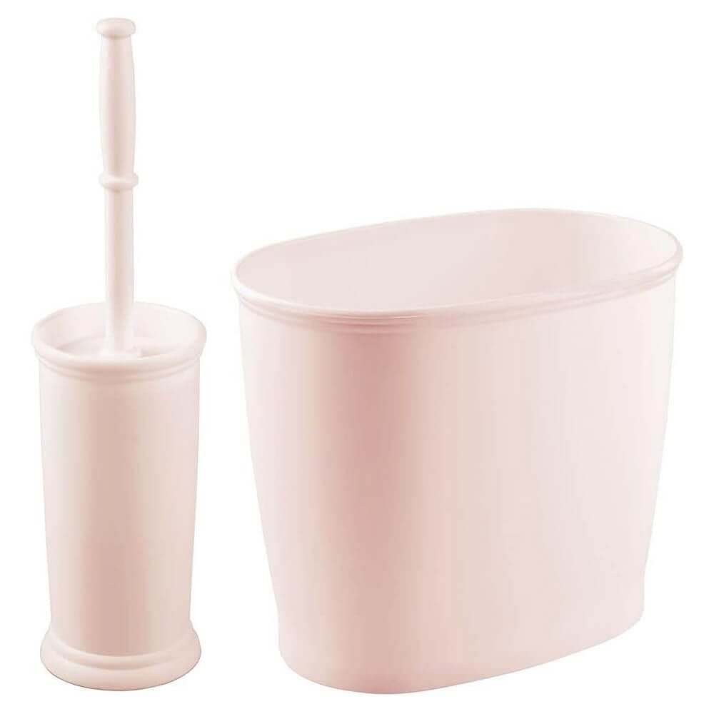 mDesign Compact Toilet Brush/Oval Waste Can Combination Set, Light Pink