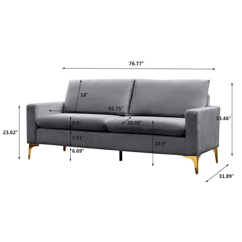 Modern Velvet Square Arm Sofa, Gray