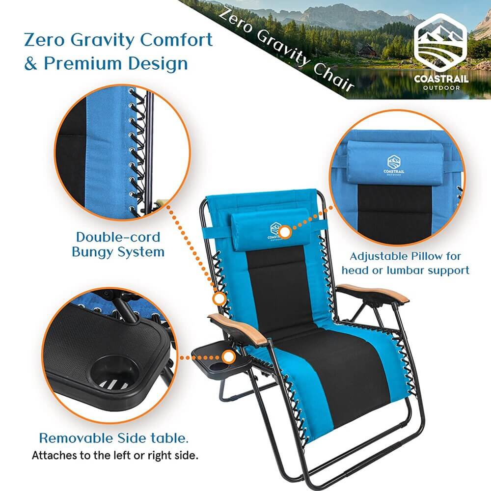 Coastrail Outdoor Zero Gravity Chair with Premium Wood-Like Armrests & Side Table with Cup Holder, Aqua/Black
