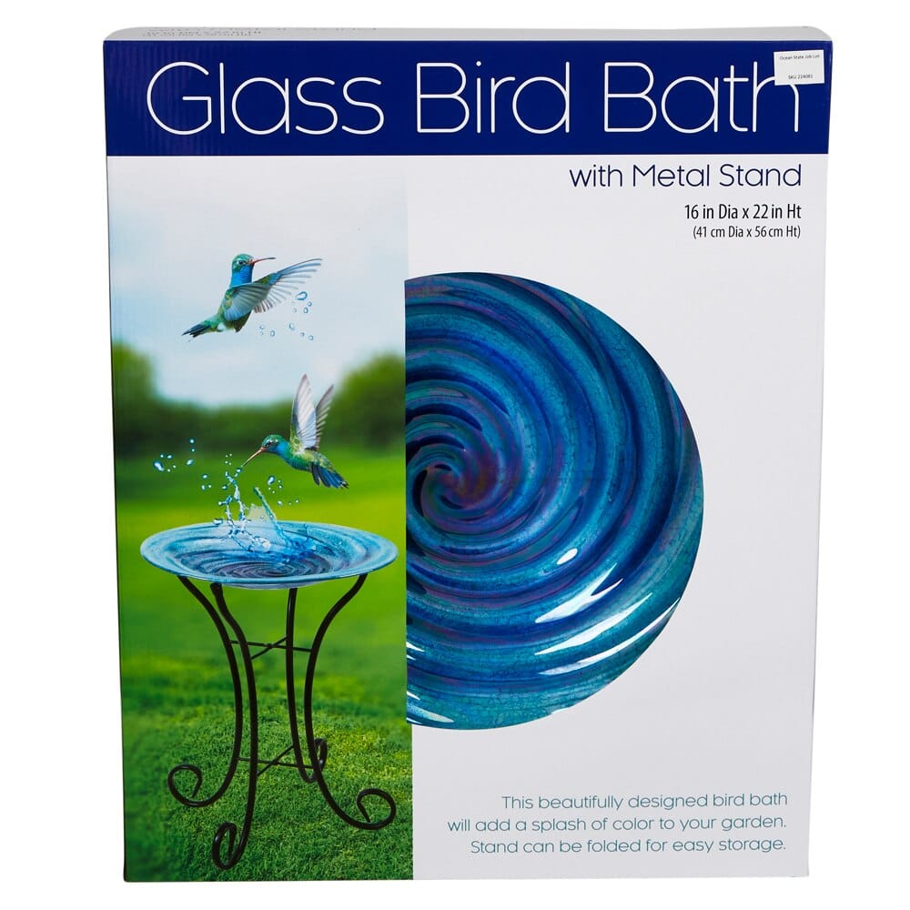 Glass Bird Bath with Metal Stand, 22"