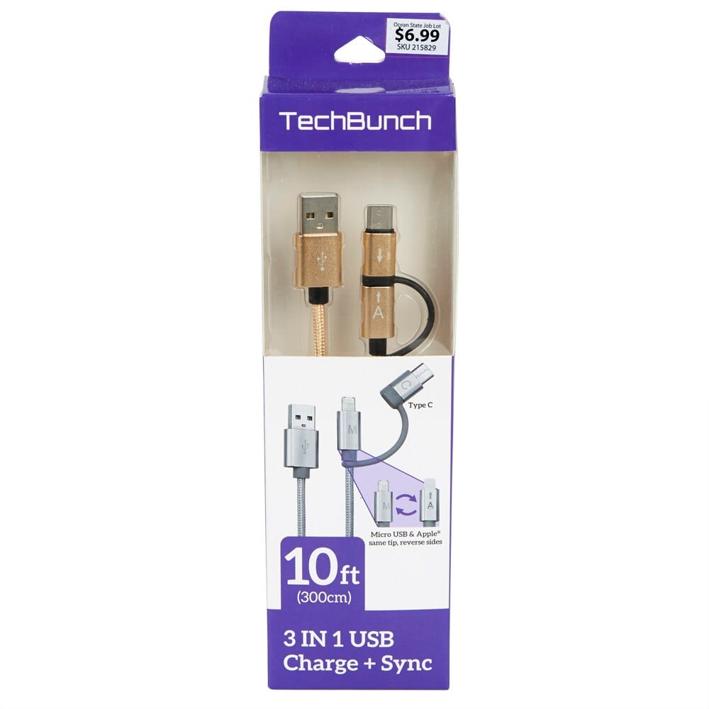 TechBunch 3-in-1 USB Charge + Sync Cable, 10'
