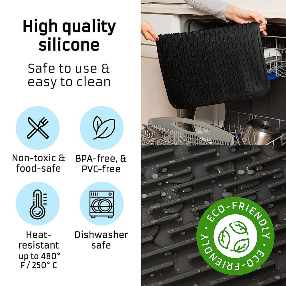 HOTPOP XXL 24" x 18" Super Sturdy Silicone Dish Drying Mat & Trivet, Black
