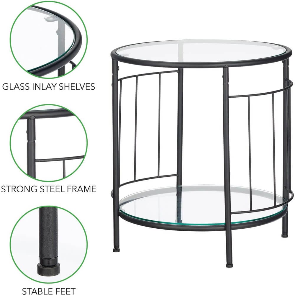 mDesign Glass Top Round Side Table with Shelf, Matte Black
