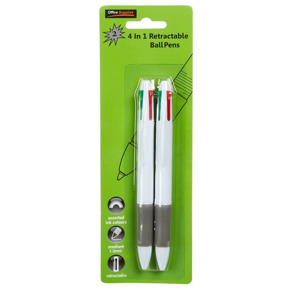 Office Supplies 4-In-1 Retractable Ball Pens, 2-Count