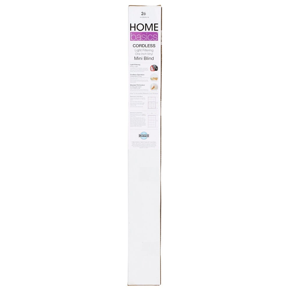 Home Basics Cordless Light Filtering Vinyl Mini Blinds, White, 34" x 64"